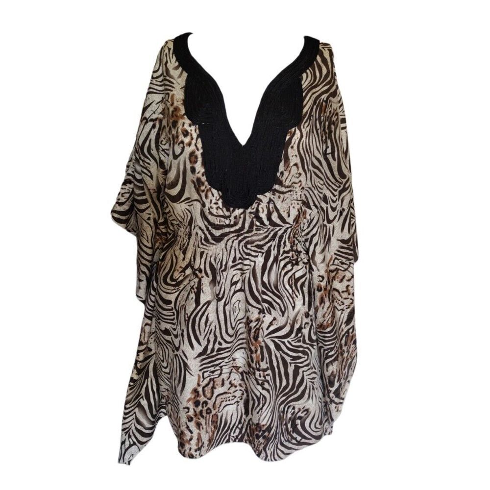 BEBE Tunic Top Woman M‎ Black Brown Zebra Kimono Sleeves Accent Neck Beach Pool